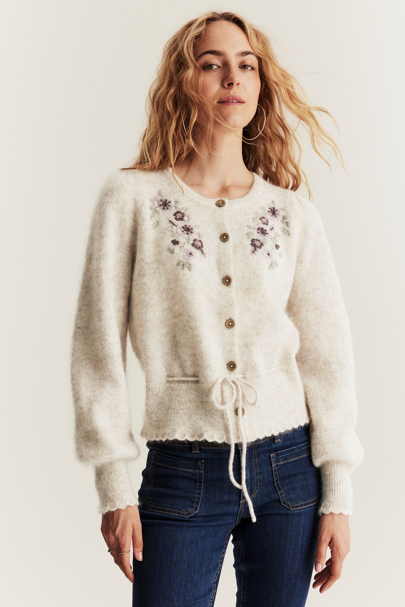 トップス Life Word Embroidery Knit Cardigan Wool-blend cardigan from Newbie Woman | Beige mélange | Kids | Newbie
