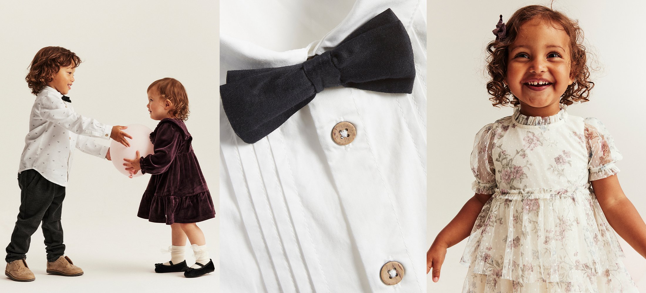 A boy and girl playing, a bow tie shirt and a little girl wearing a white dress with flowers.