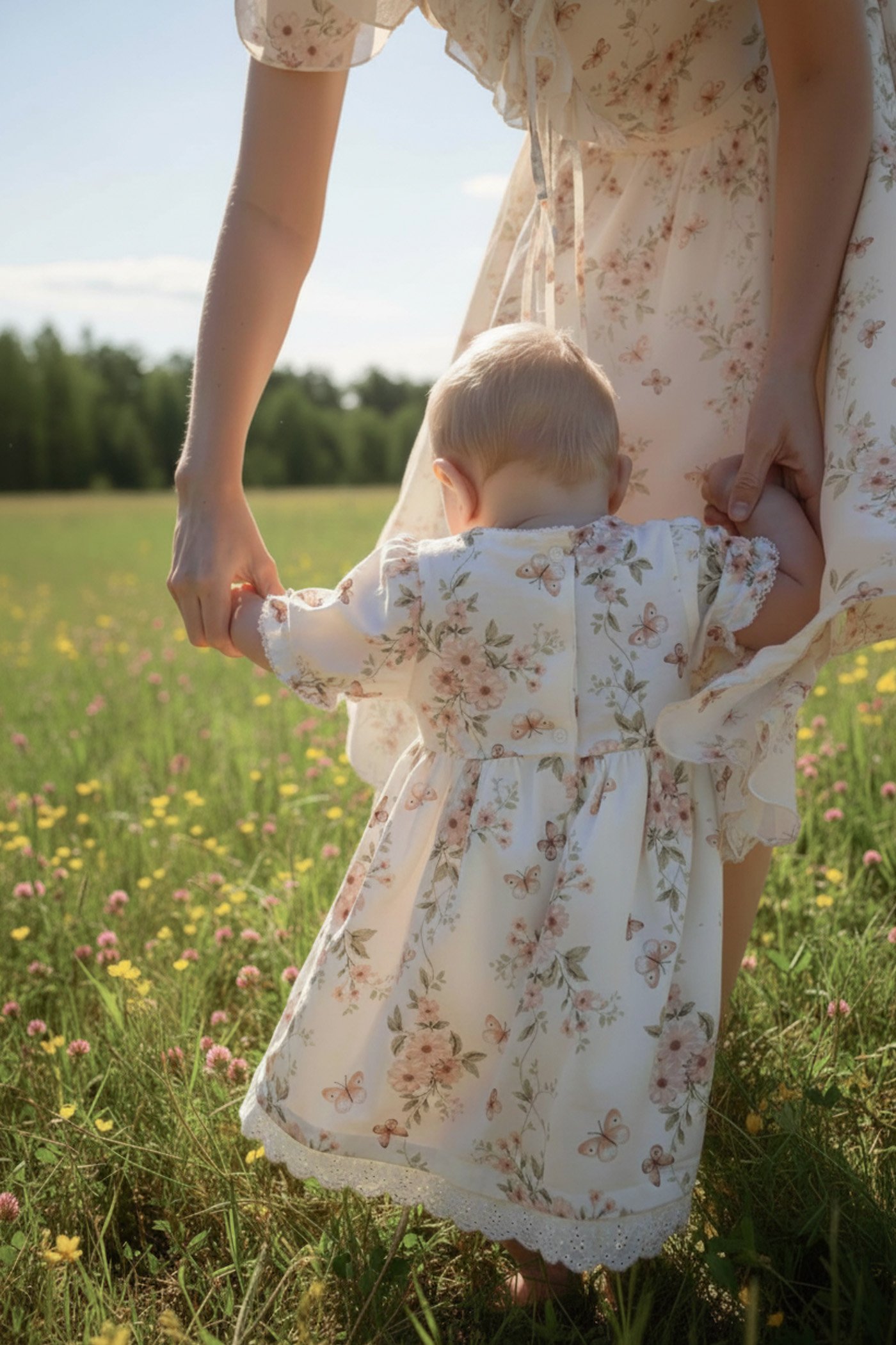 Baby wearing a light floral cotton dress with lace trim, holding an adult’s hands while standing in a summer meadow.