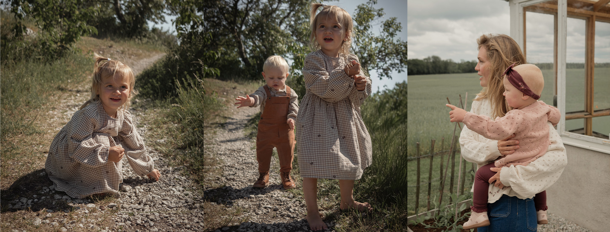 Kollage mit Kindern in Herbstkleidung, darunter kariertes Kleid, rostfarbene Latzhose und Strickmode im Freien.