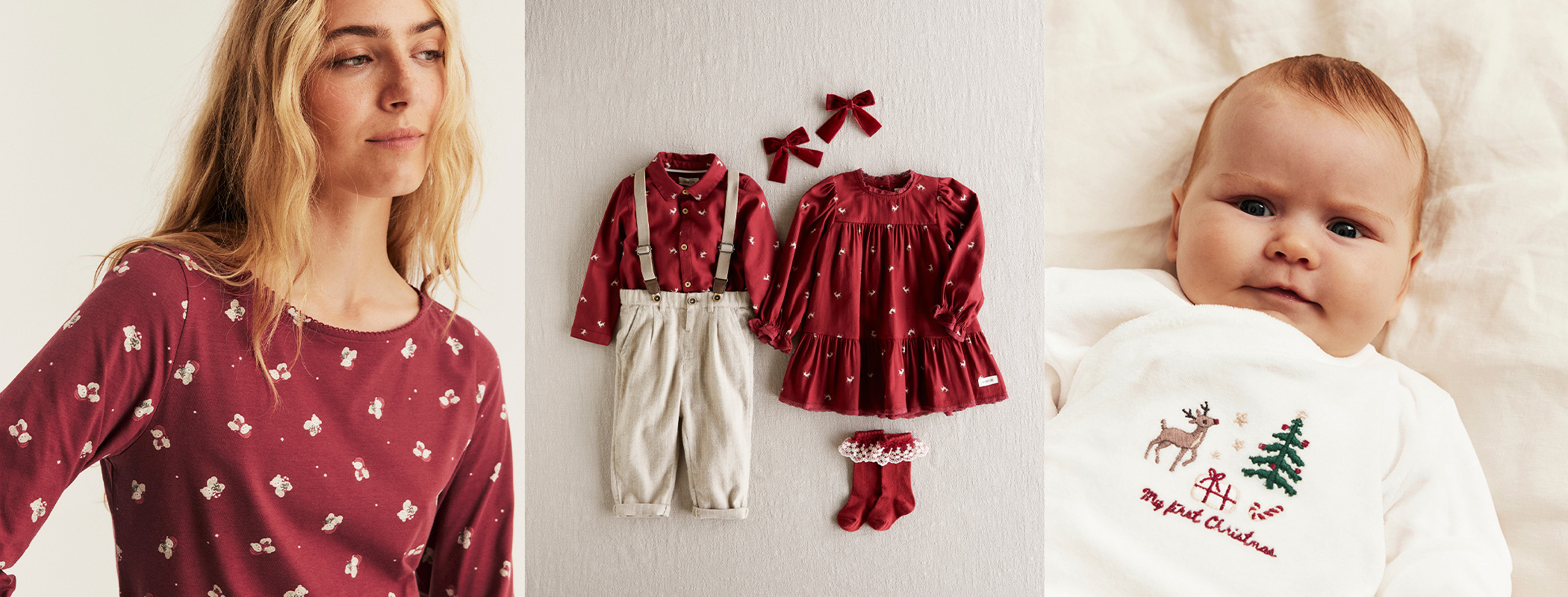 Dark red long-sleeved dress with deer print, red bow hair clip and matching knee socks, worn while sitting on a wooden chair.