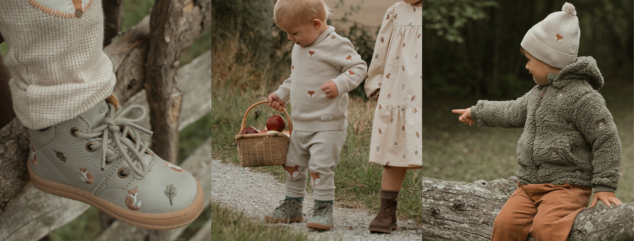 Toddler in a fox-pattern knit set carrying a basket of apples on a country path