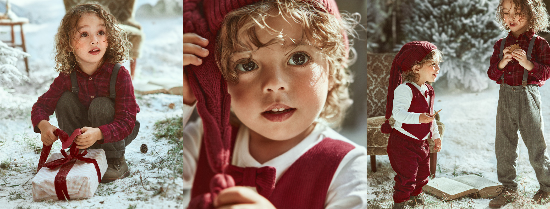 Child in a red plaid shirt and suspenders unwrapping a Christmas gift in the snow