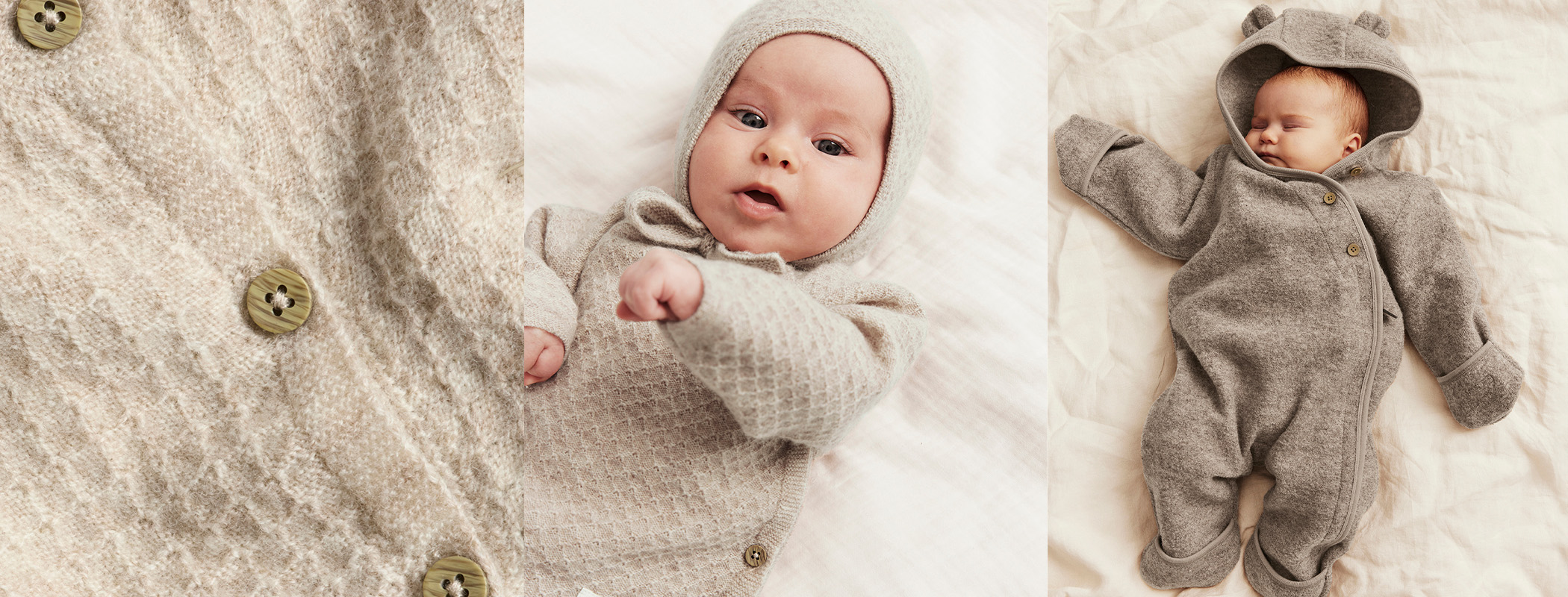 Beige knitted wool cardigan worn by a baby with a matching knitted bonnet.