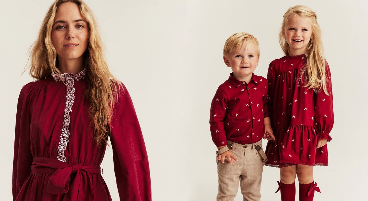 Red long-sleeved dress and red shirt with deer print, paired with beige trousers and braces on children.