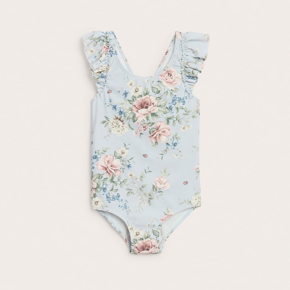 Blue swimsuit with flowers on