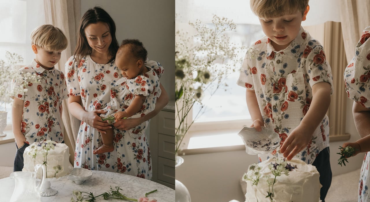 Mother and children in matching floral clothes