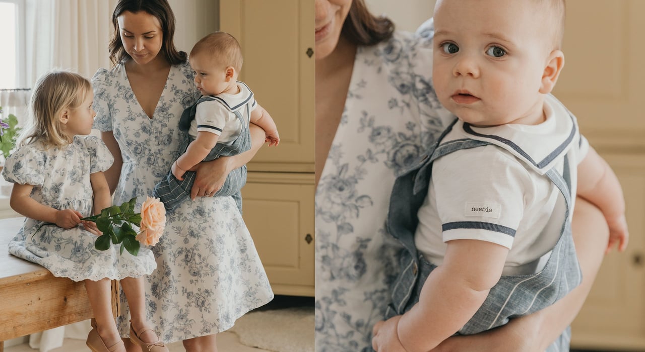 Mother and children in matching floral clothes