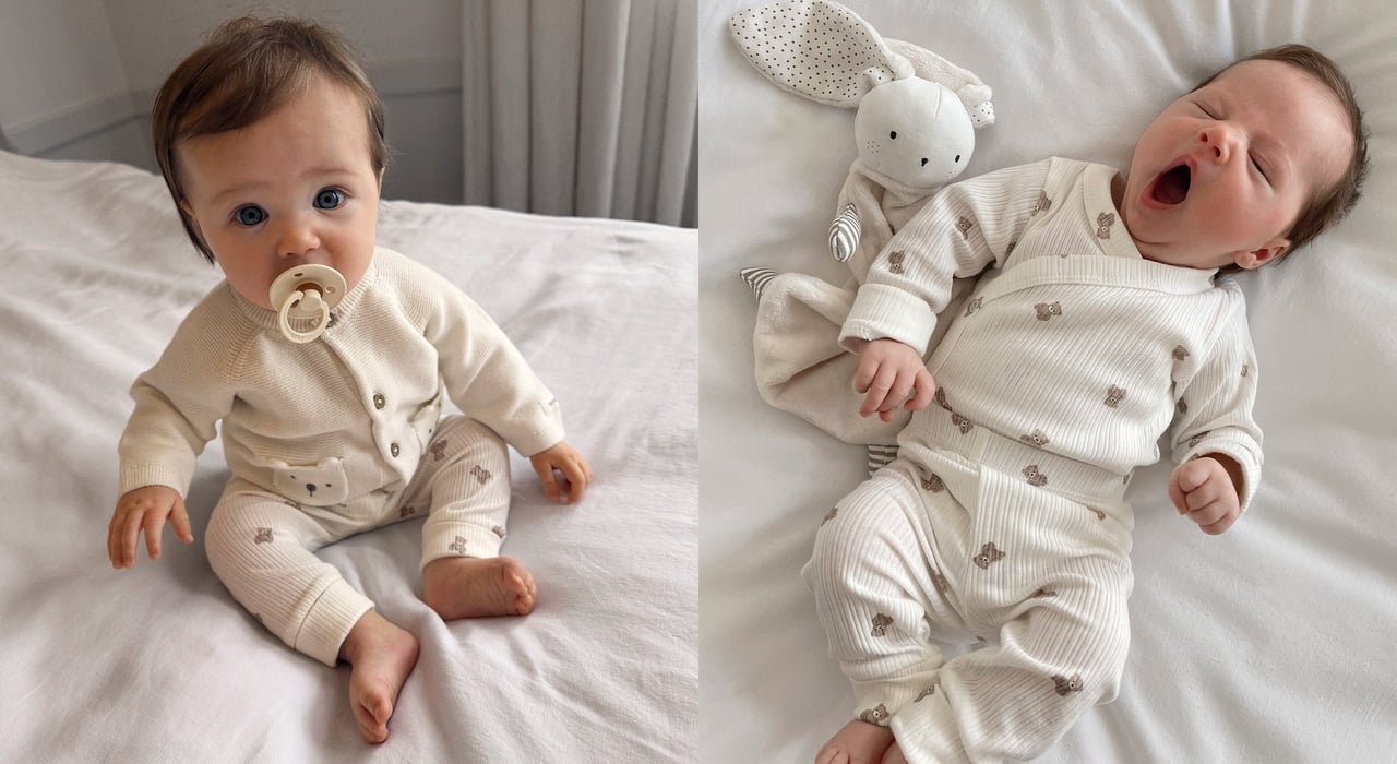Baby boy in teddy‑patterned clothes