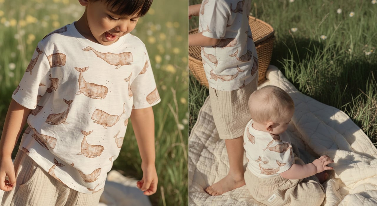 Babies in matching whale‑print cotton outfits on a quilted blanket outdoors in soft natural light.