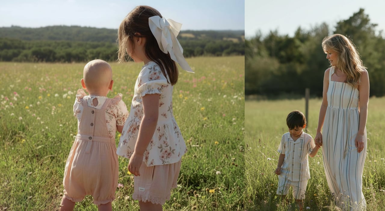 Children and an adult walking through a green summer meadow wearing light, floral cotton outfits for warm days.