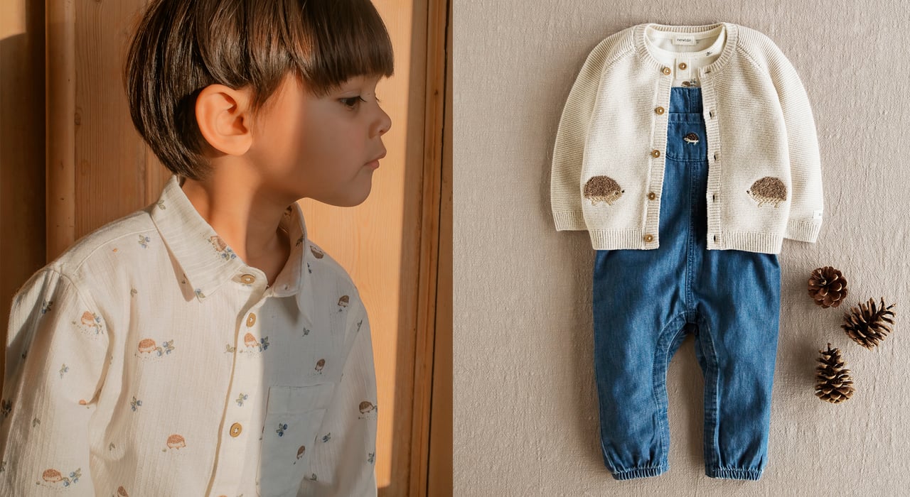 A split picture with a boy wearing a white shirt with small hedgehogs and an outfit consisting of a white cardigan with hedgehogs and blue dungarees
