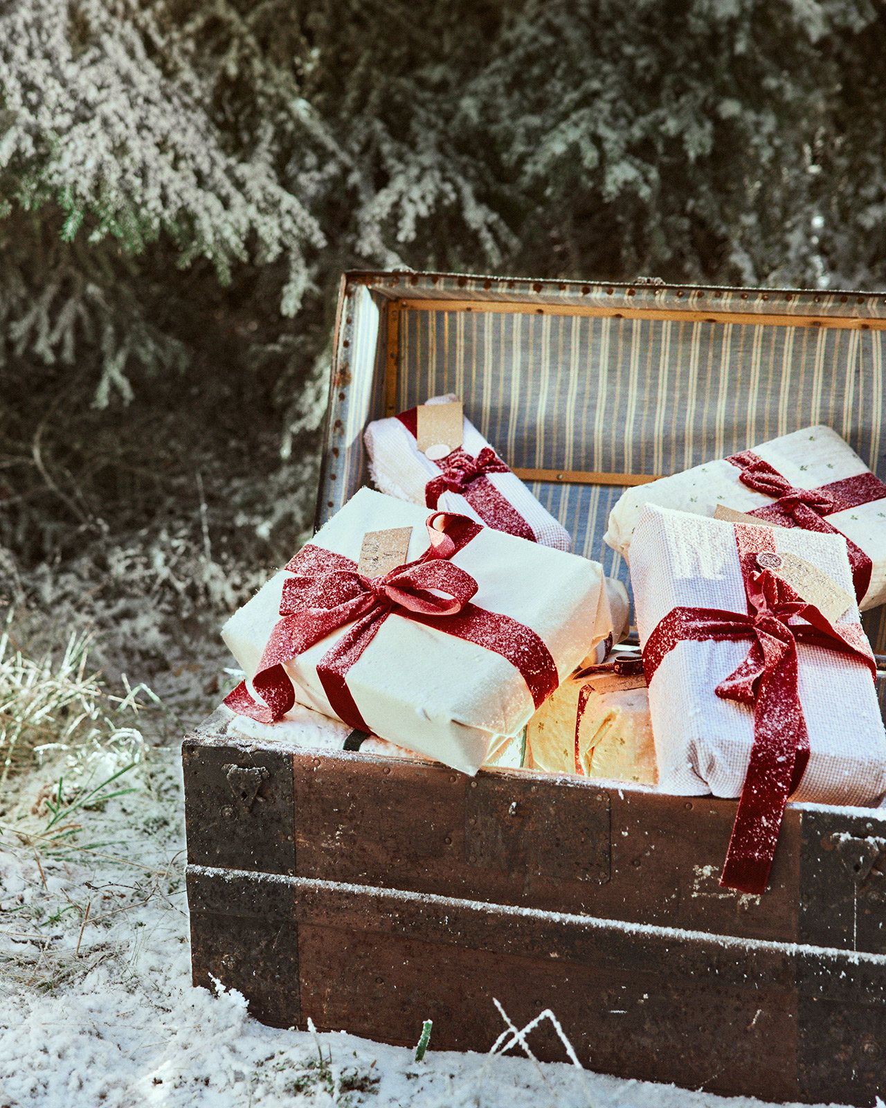 Wrapped Christmas gifts with red ribbons in a vintage wooden trunk in a snowy forest