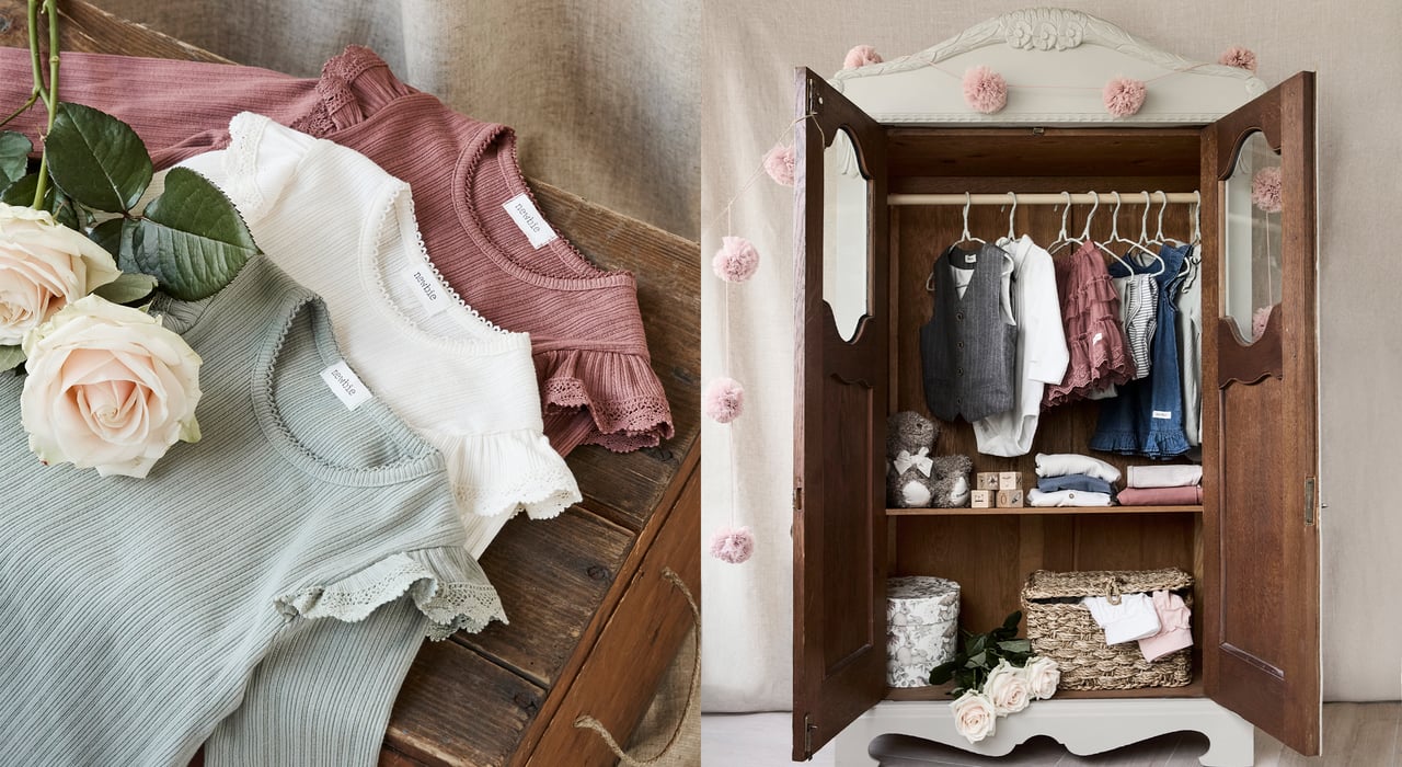 Flat lay of pink, white and green shirt and a wardrobe with Newbie Icons-garments