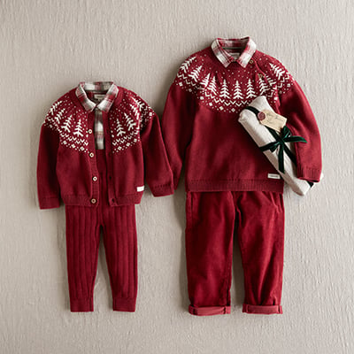 Red holiday knitwear set with a sweater and cardigan featuring a white tree pattern, paired with matching pants.