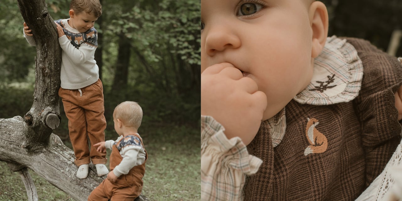 Young children wearing woodland-themed clothing exploring and playing in a forest setting