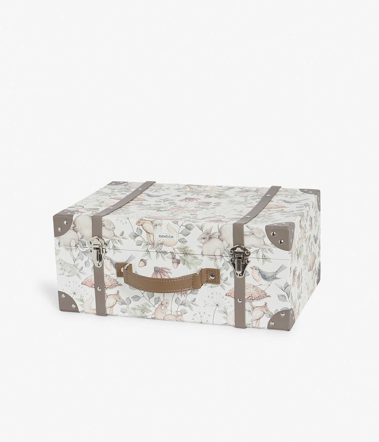 Vorderansicht eines beigen Hartpapierkoffers mit Waldtiermuster, braunem Griff und silbernen Verschlüssen.