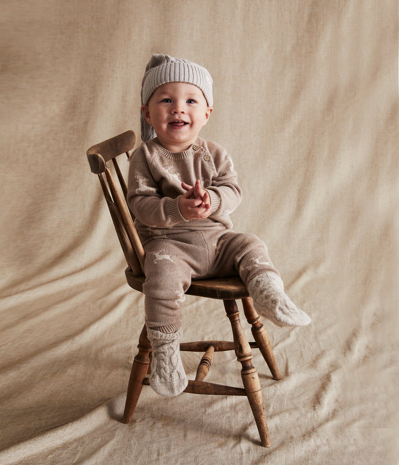 Baby beige reindeer knit leggings - Beige - 1