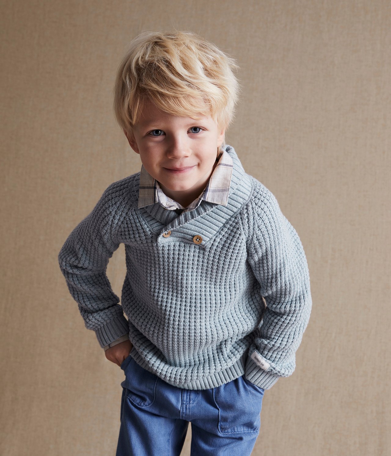 Kids blue shawl neck sweater - Blau - 2
