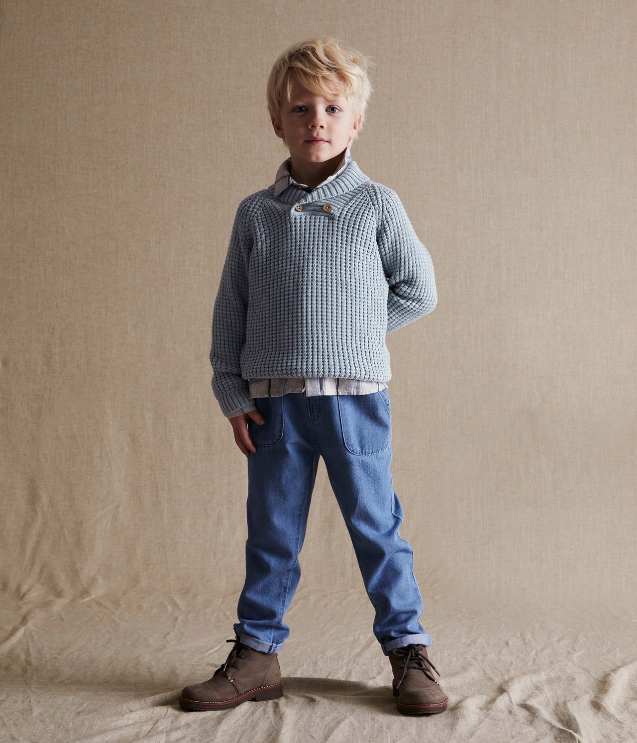 Kids blue shawl neck sweater - Blau - 5