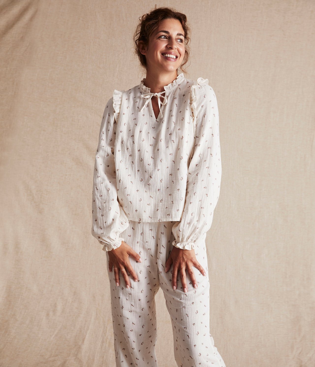 Pyjama aus Musselin mit Blumenmuster für Damen - Hellbeige - 1