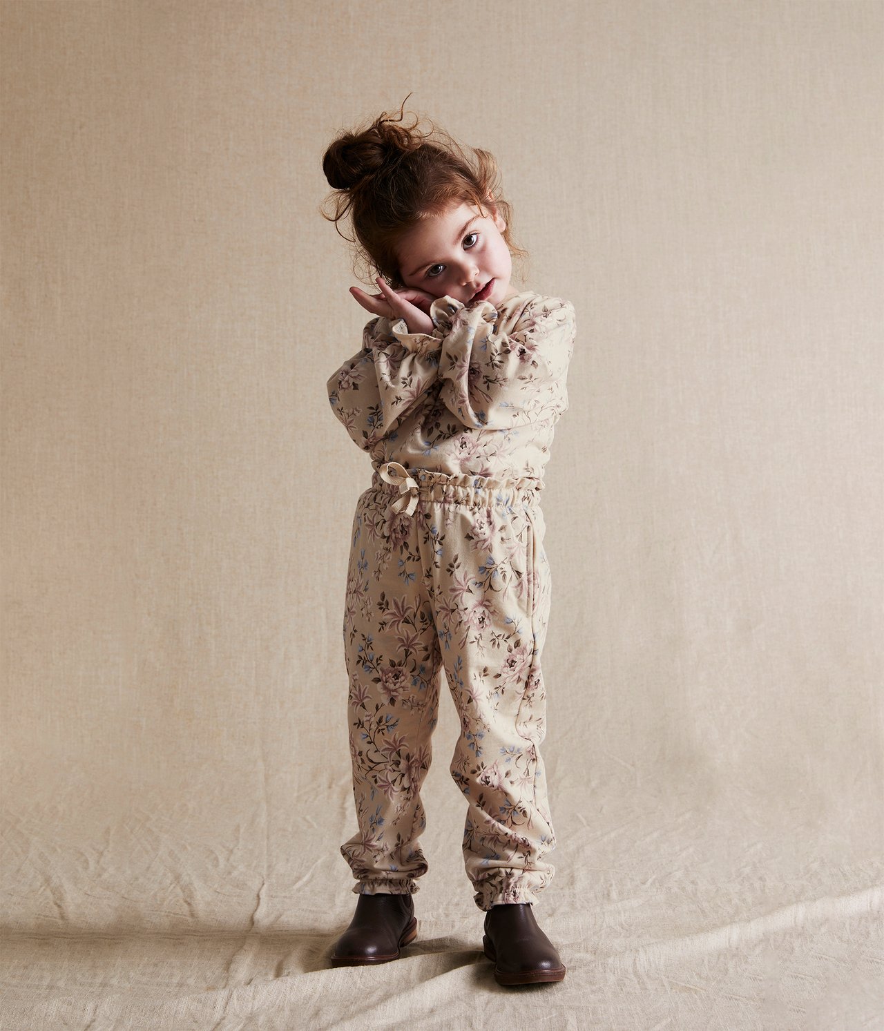 Kids beige floral soft pants - Beige - 1