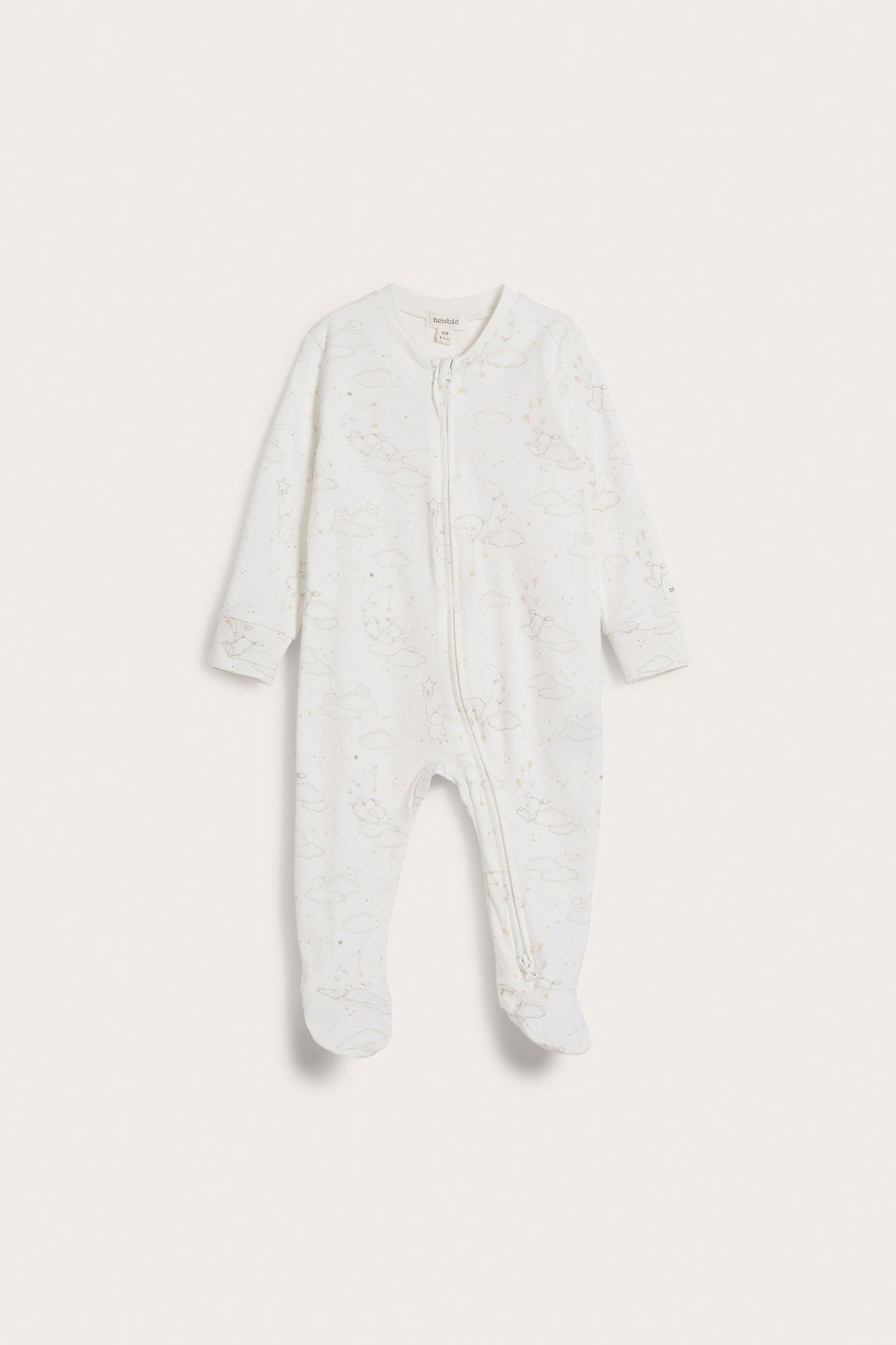 Front view of an offwhite cotton baby pajama with bear, rabbit, star, moon pattern, two-way zipper.