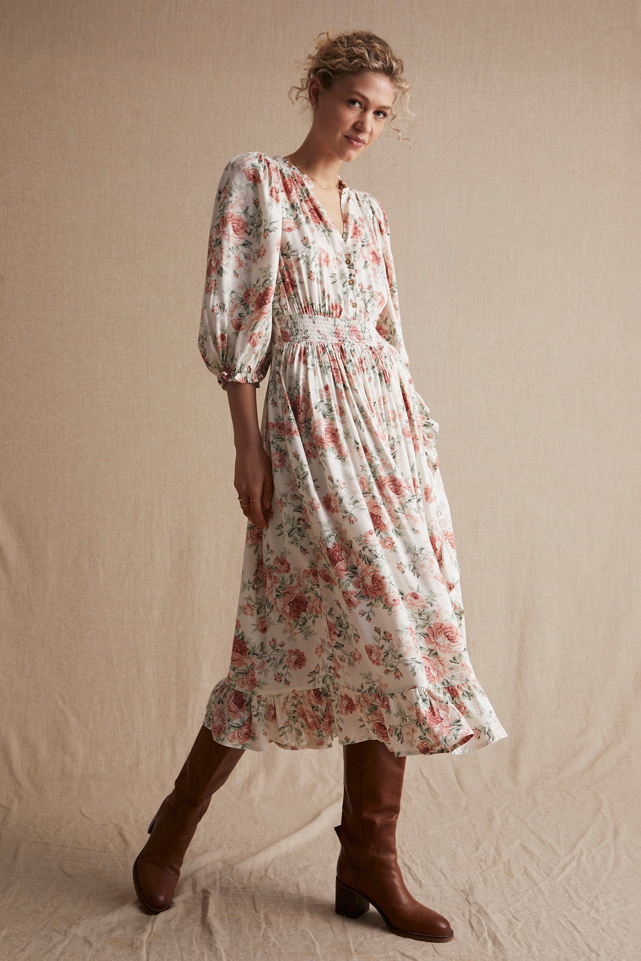 Kleid mit Rosenmuster für Damen - Naturweiß - 181 cm/Größe S - 3