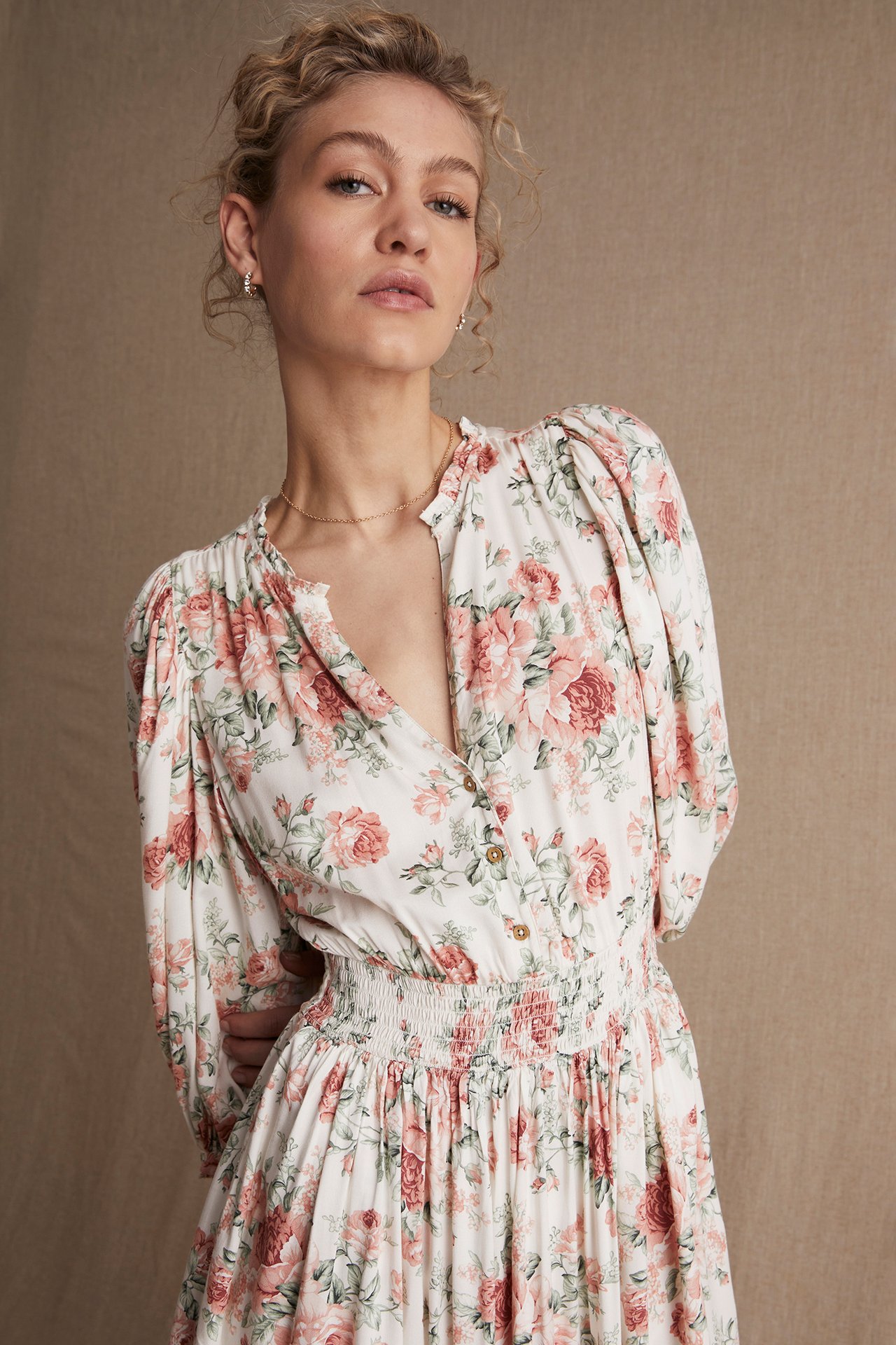Kleid mit Rosenmuster für Damen - Naturweiß - 181 cm/Größe S - 4