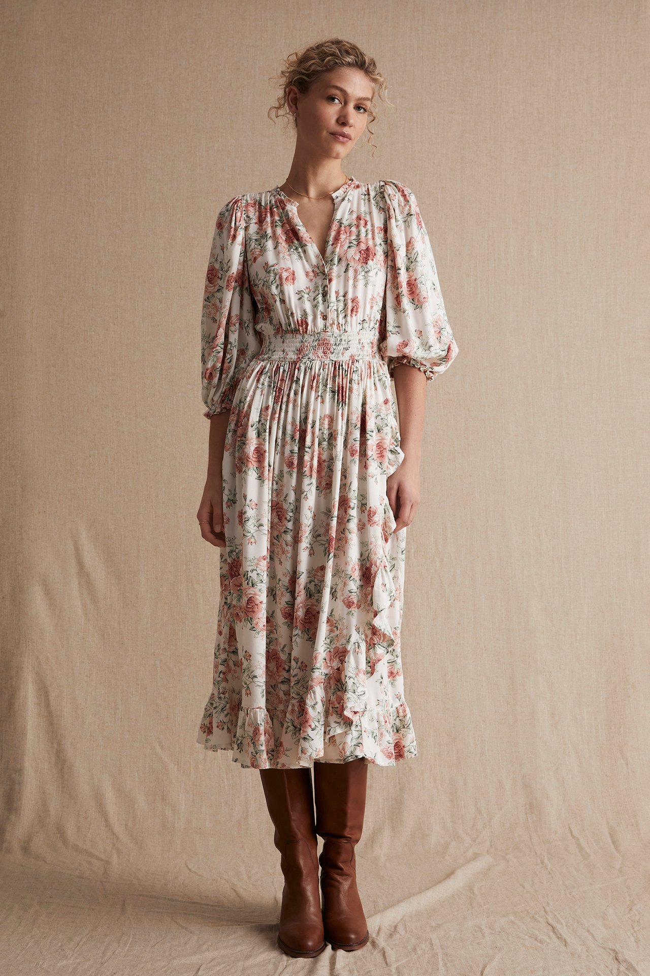 Kleid mit Rosenmuster für Damen - Naturweiß - 181 cm/Größe S - 2
