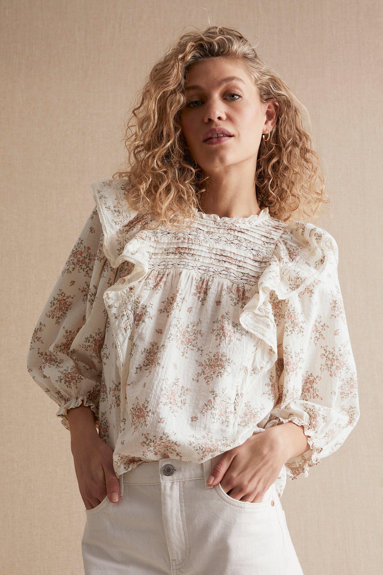 Bluse mit Blumenmuster für Damen - Naturweiß - 1