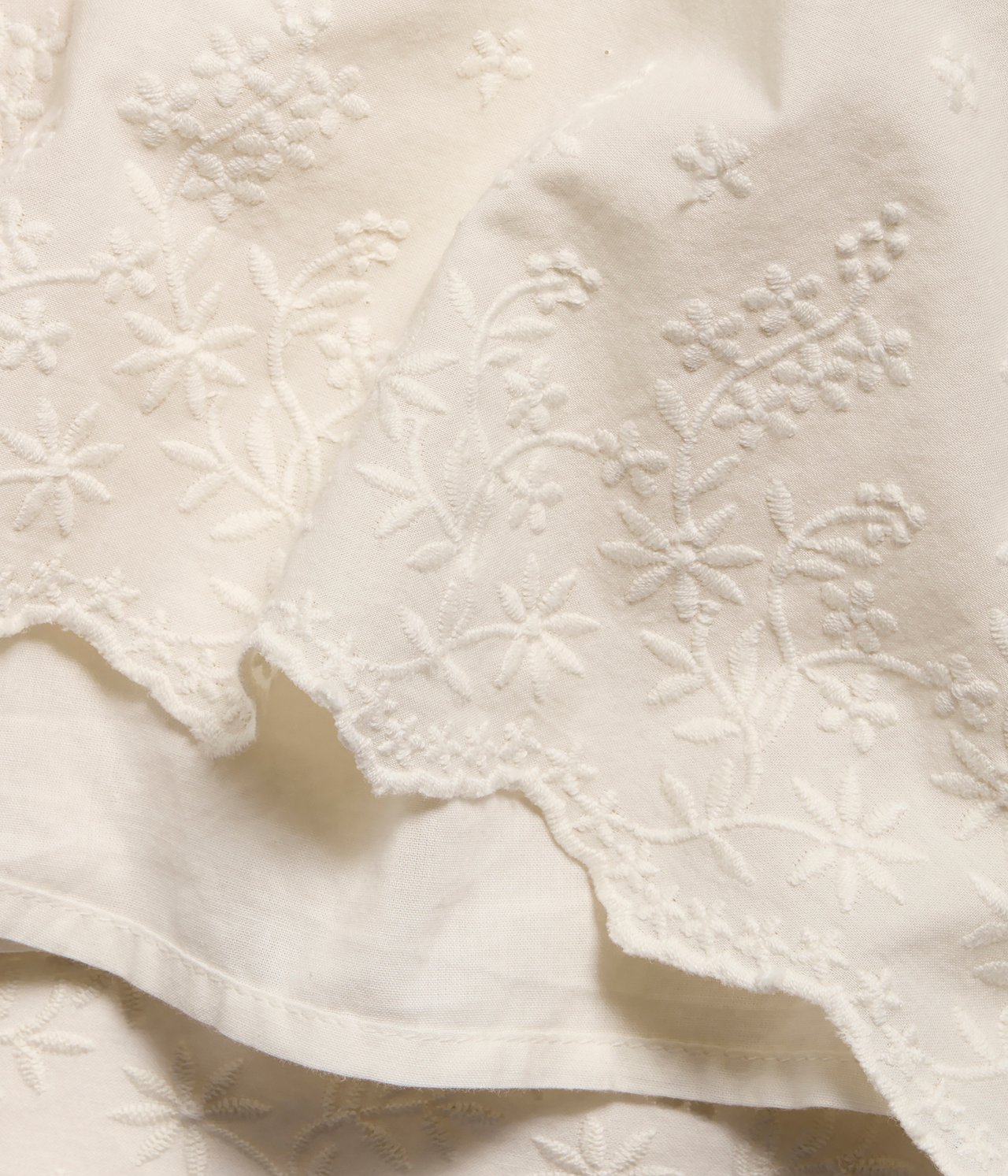 Close-up of off-white woven cotton fabric with intricate floral embroidery and scalloped lace trim.