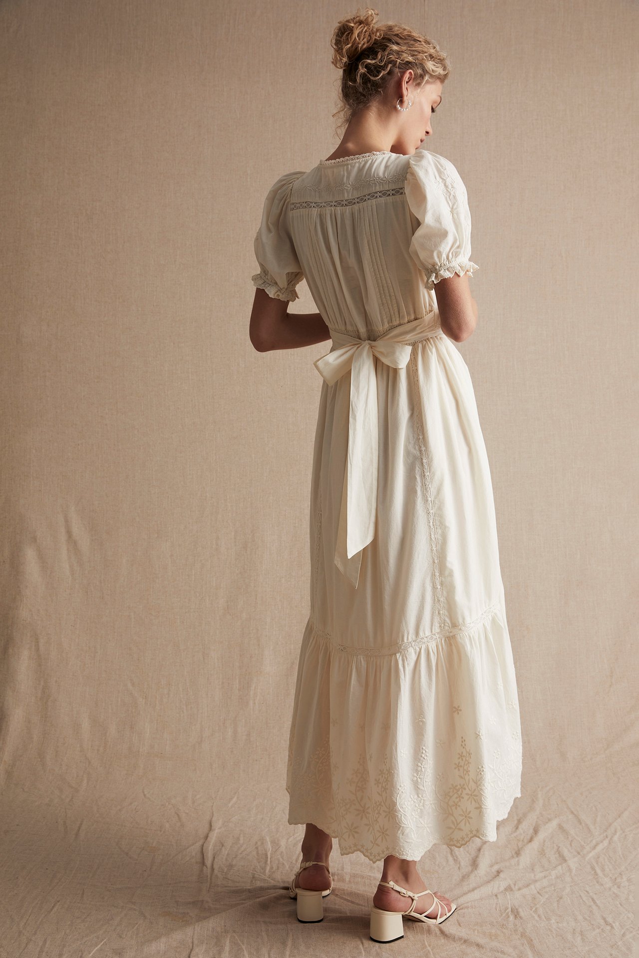 Women's cotton embroidery midi dress - Off-white - 8