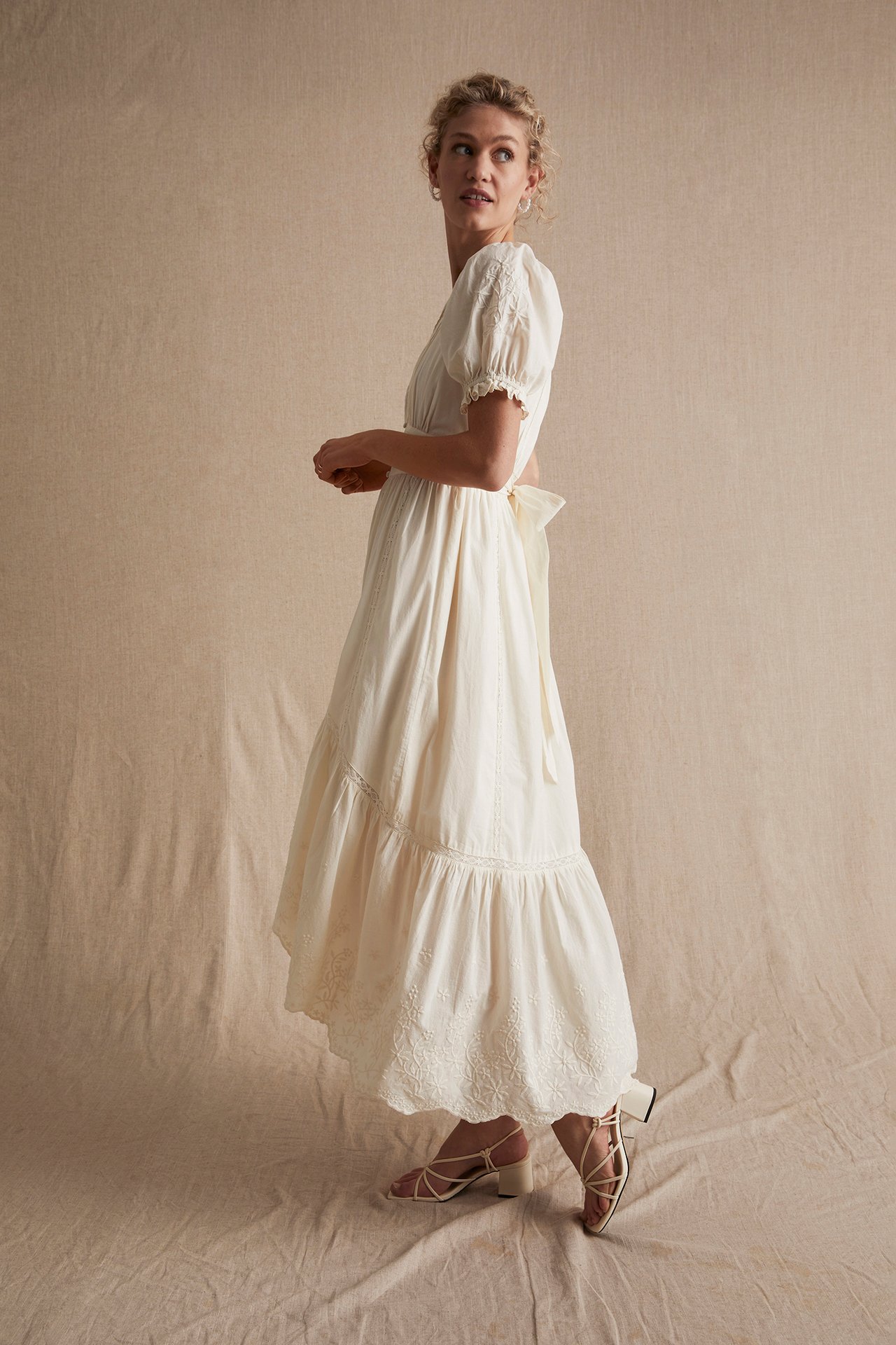 Women's cotton embroidery midi dress - Off-white - 3