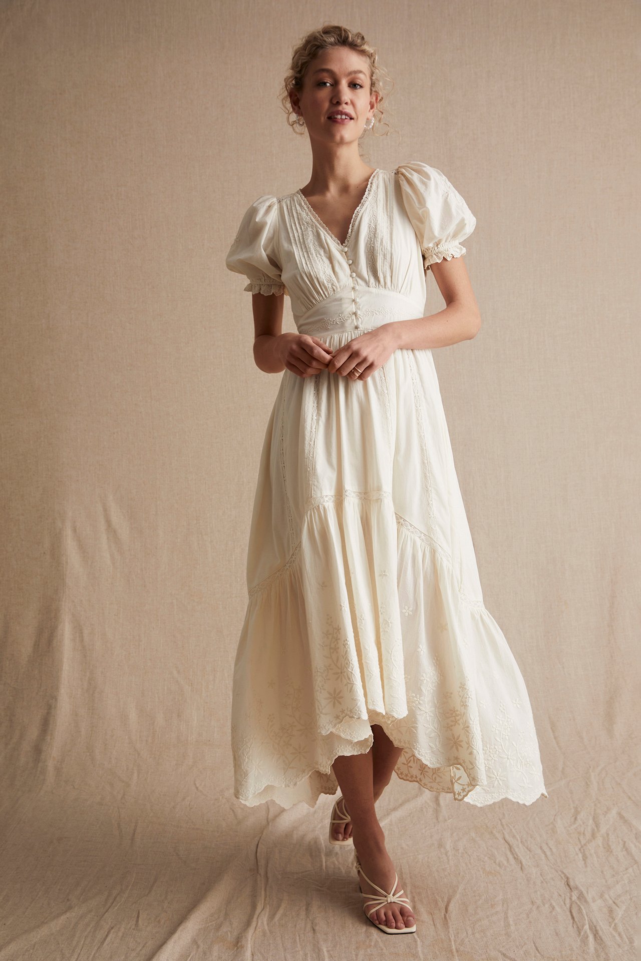 Women's cotton embroidery midi dress - Off-white - 4