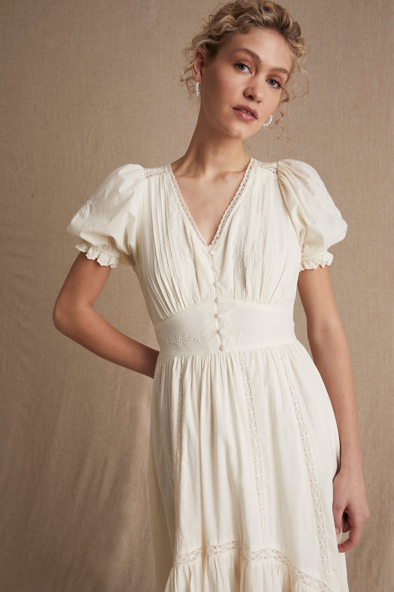 Women's cotton embroidery midi dress - Off-white - 5