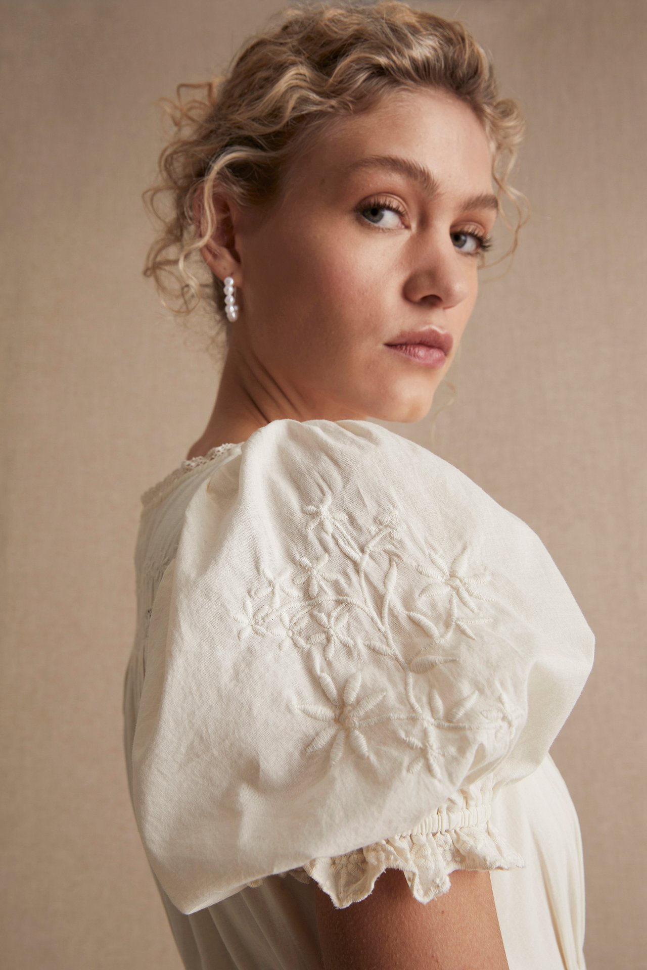 Women's cotton embroidery midi dress - Off-white - 6