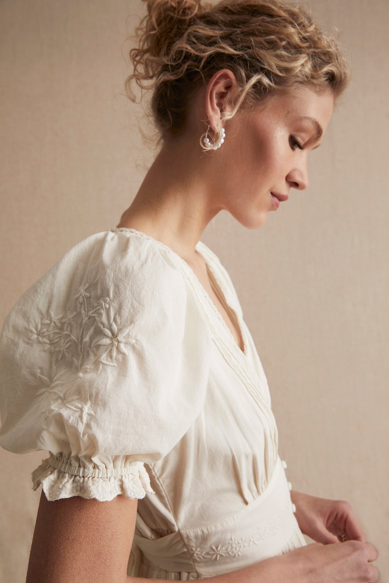 Women's cotton embroidery midi dress - Off-white - 7