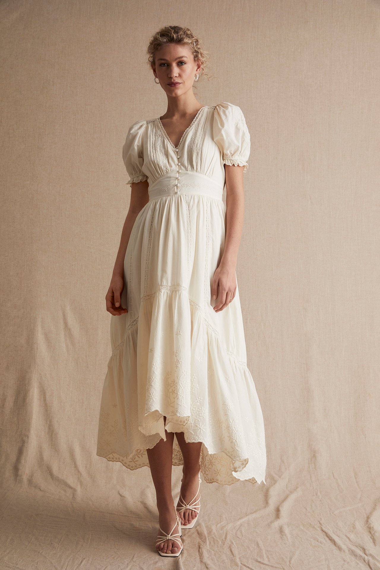 Women's cotton embroidery midi dress - Off-white - 1