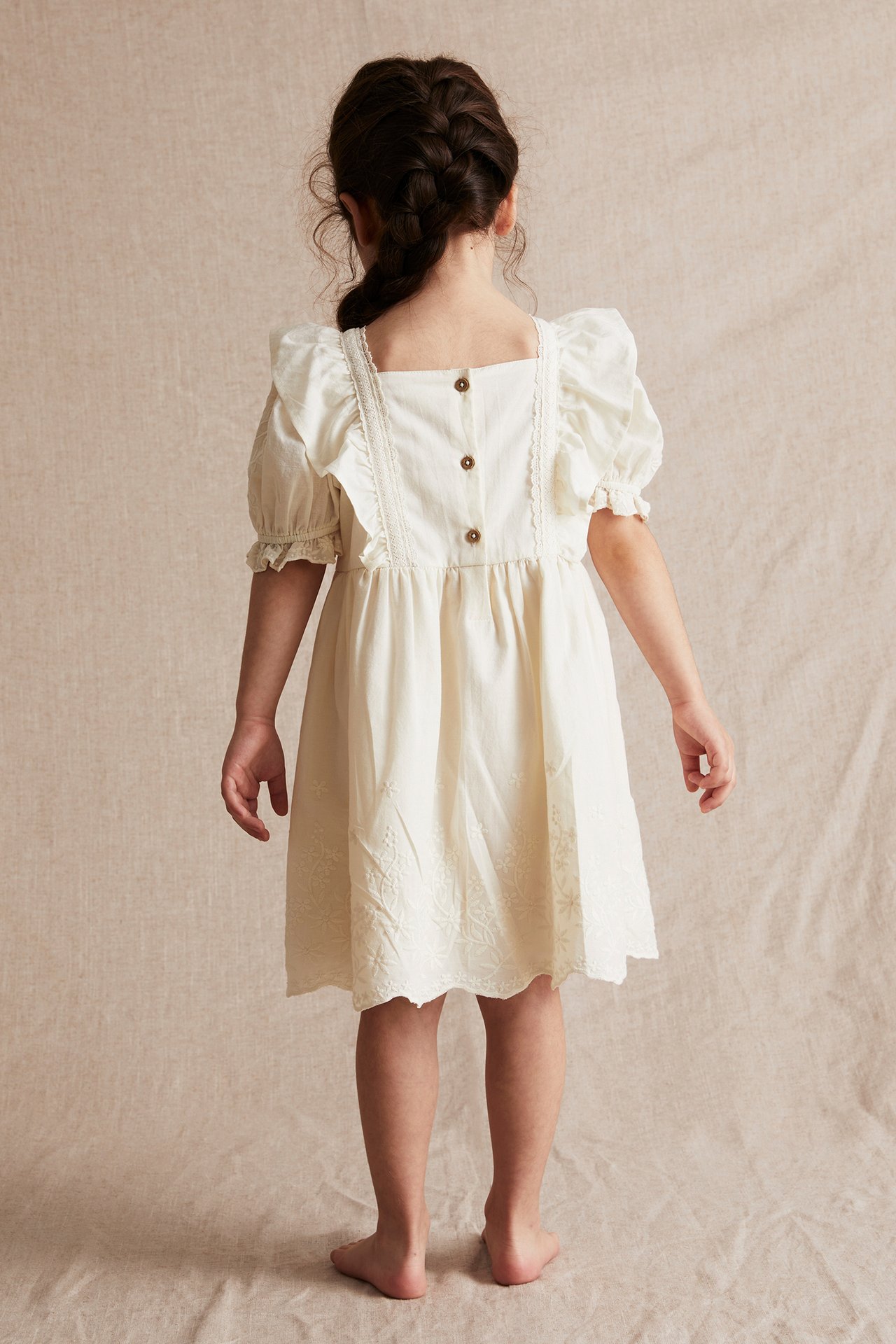 Back view of a kid wearing an off-white woven cotton dress with puff sleeves, lace, embroidery, and back buttons.