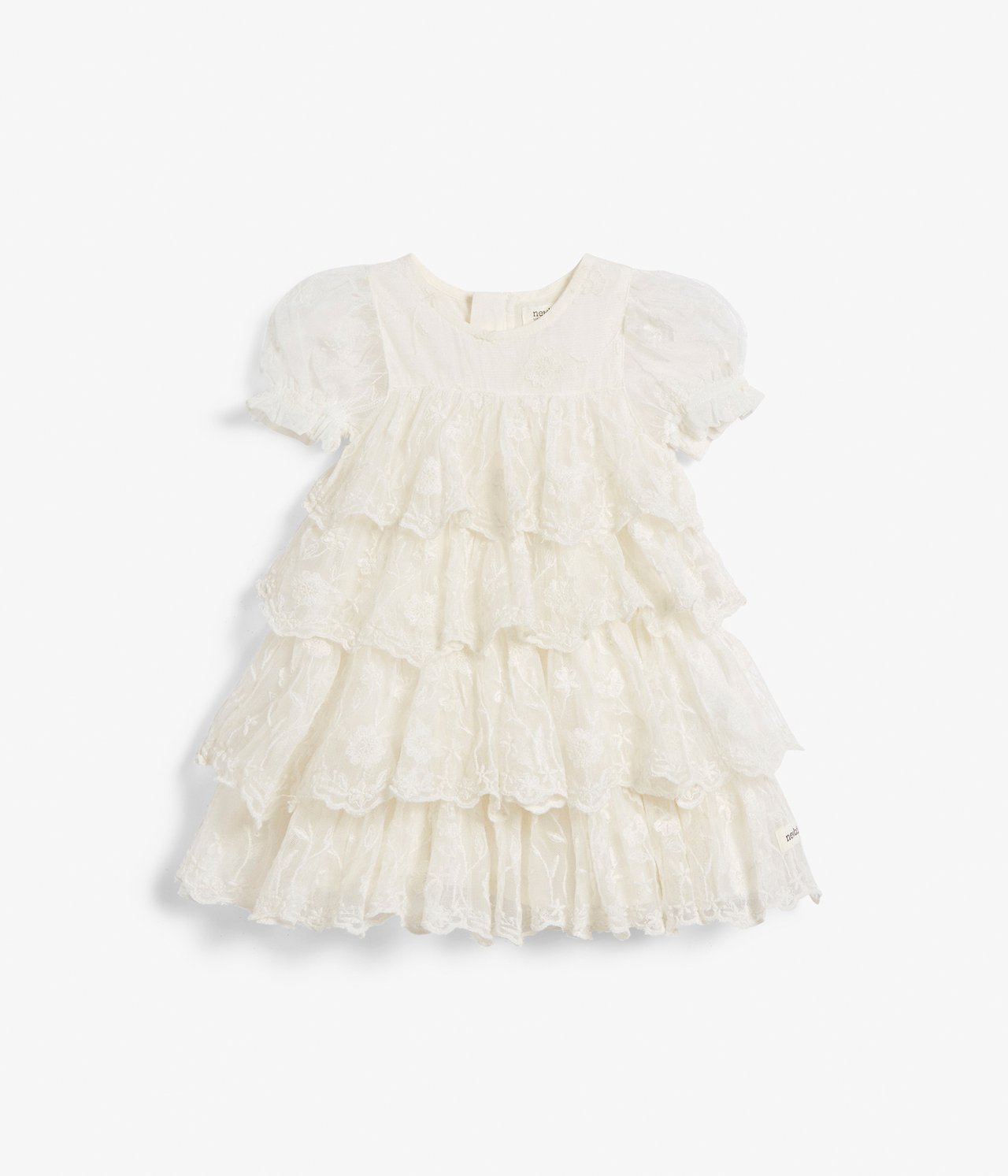 Vorderansicht eines cremefarbenen Baby-Meshkleides mit gestuften bestickten Rüschen, Puffärmeln und Wellenkanten.