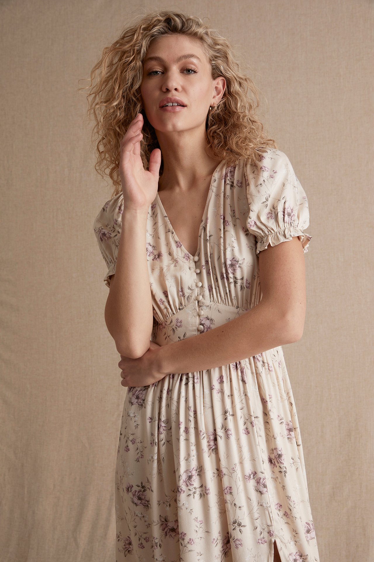 Midikleid mit Blumenmuster für Damen - Beige - 181 cm/Größe S - 2