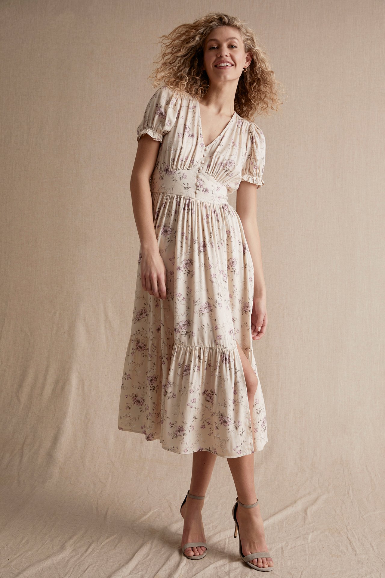 Midikleid mit Blumenmuster für Damen - Beige - 181 cm/Größe S - 1
