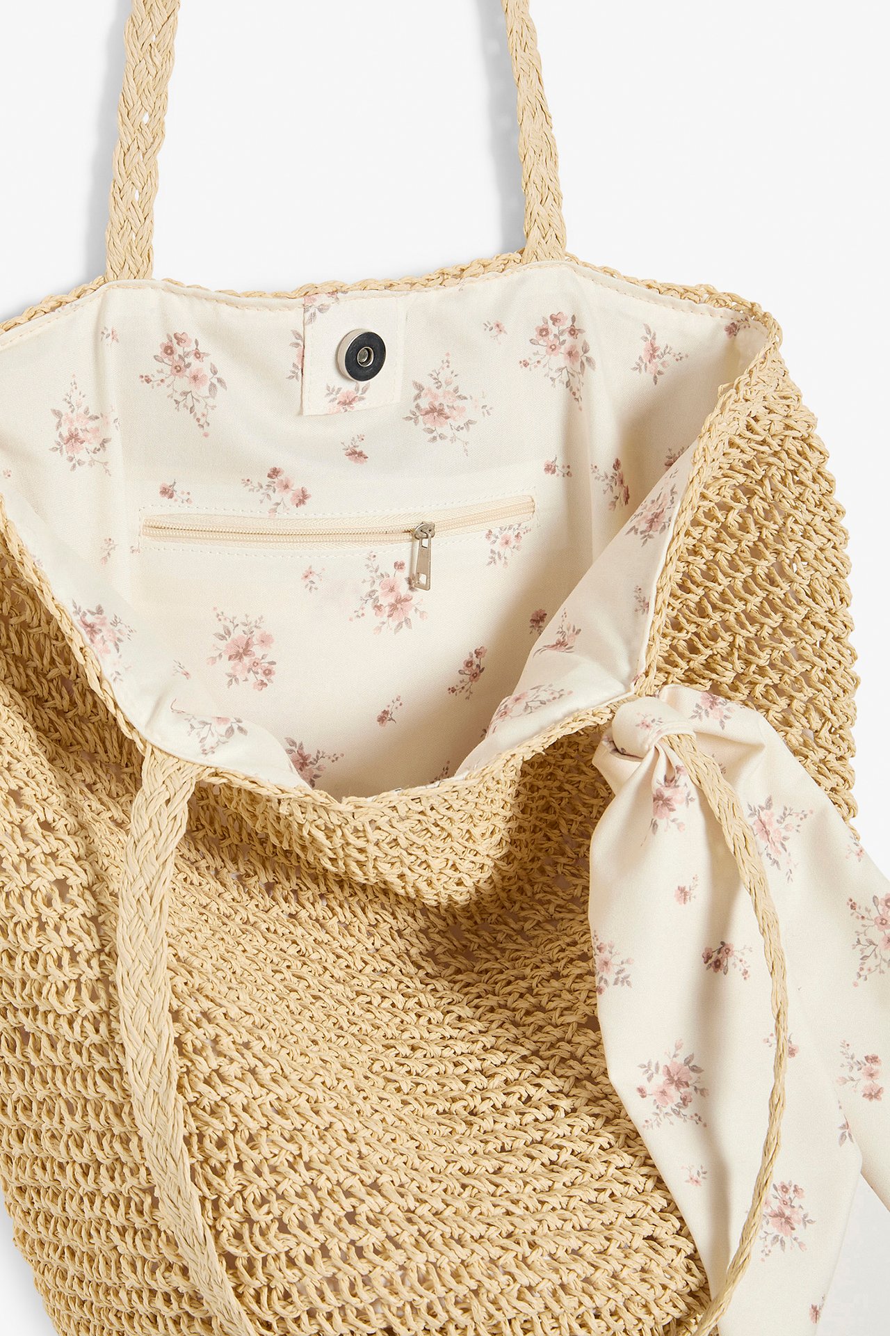 Women's straw bag with floral scarf - Beige - 1
