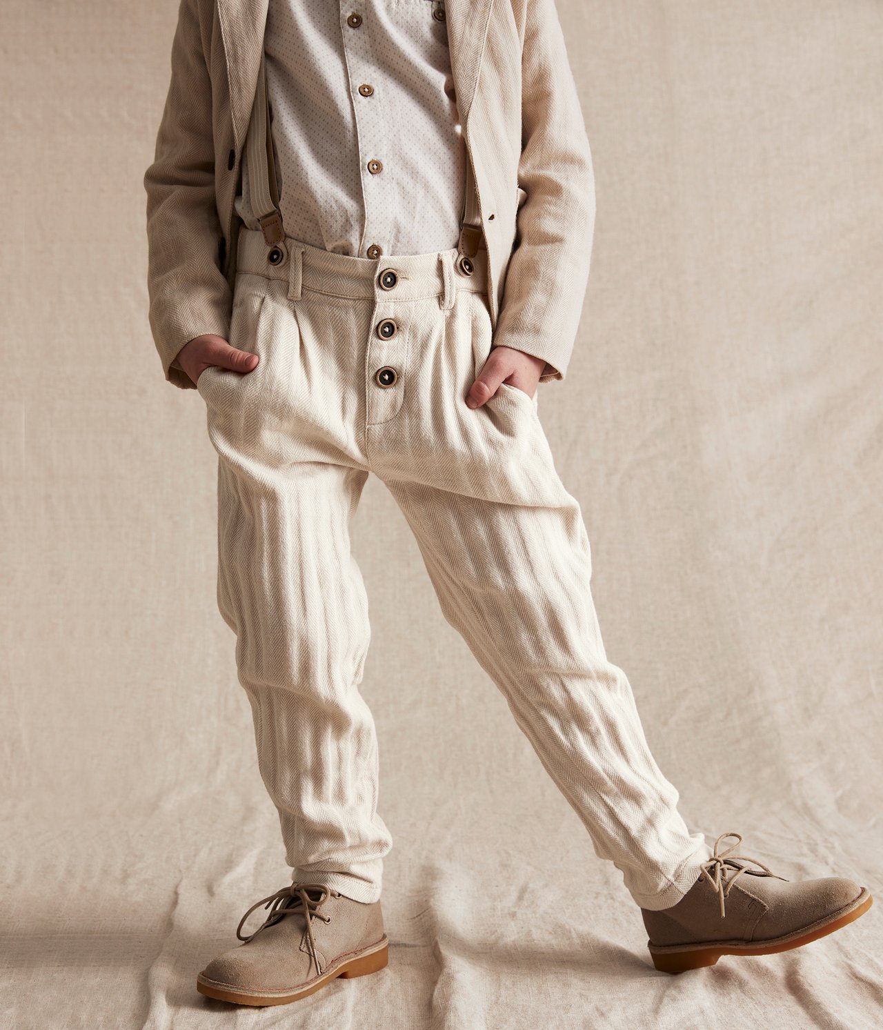 Herringbone dress-pants with braces - Off-white - 2