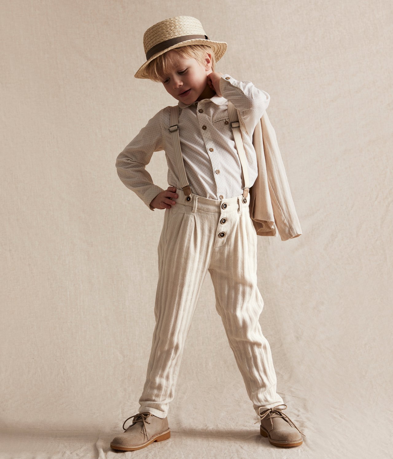Herringbone dress-pants with braces - Off-white - 3