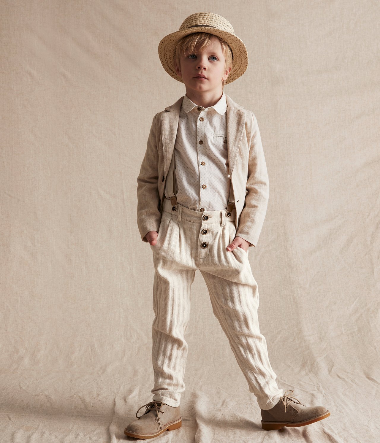 Herringbone dress-pants with braces - Off-white - 1