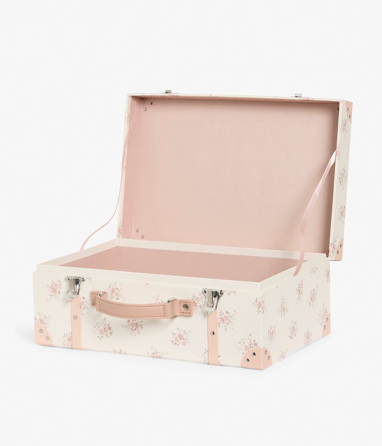 Front-side view of an open white hard paper storage trunk with pink floral pattern, pink handle, metal buckles.