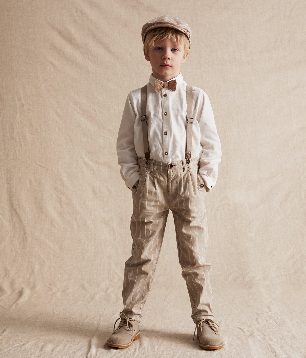 Pinstripe suspender pants - Beige - 1