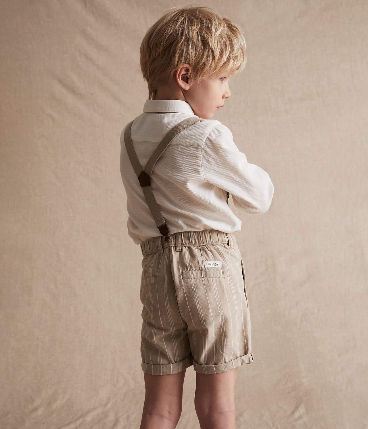 Pinstriped suspender shorts - Beige - 5